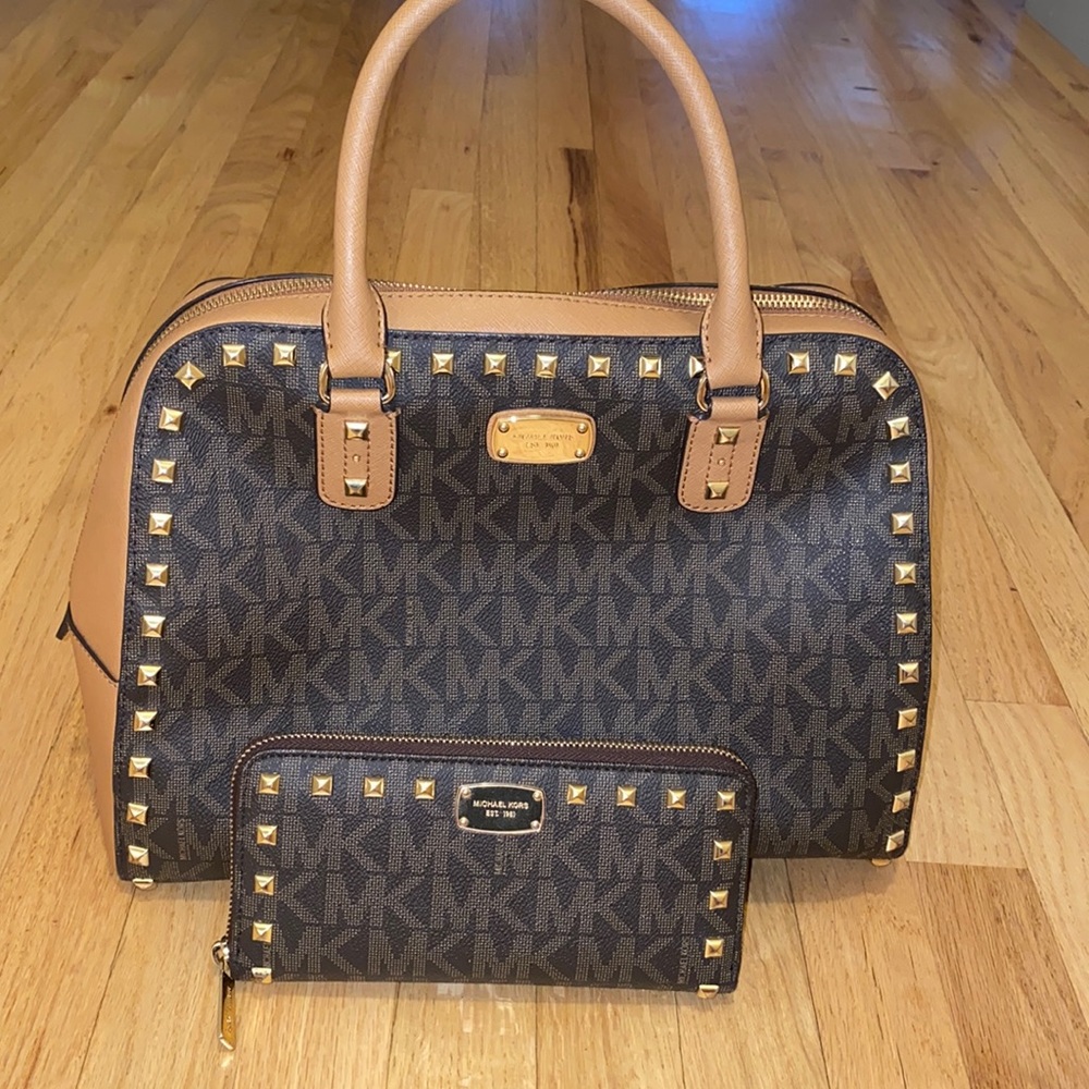 Michael Kors studded purse and matching wallet combination.